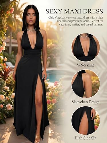 Image of Ekaliy Womens Sexy Halter Deep V Neck Maxi Dress Sleeveless Backless Split Long Dress