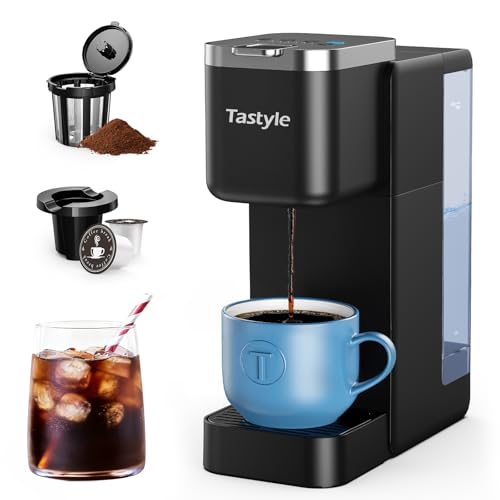 Image of Tastyle Single Serve Coffee Maker, Iced and Hot Coffee Machine for K Cup & Grounds, Compact Design, 40oz Removable Water Reservoir, 6 to 24 Oz Brew Sizes, Fits 7.3" Travel Mug, Black