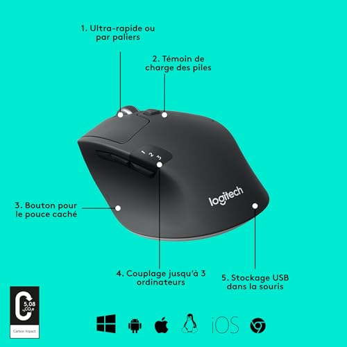 Logitech M720 Triathlon Souris Sans Fil Multidispositif, Bluetooth Récepteur USB, 1000 PPP, 6 Boutons Programmables, Piles 2 ans, Compatible Ordinateur Portable, PC, Mac, iPadOS - Gris