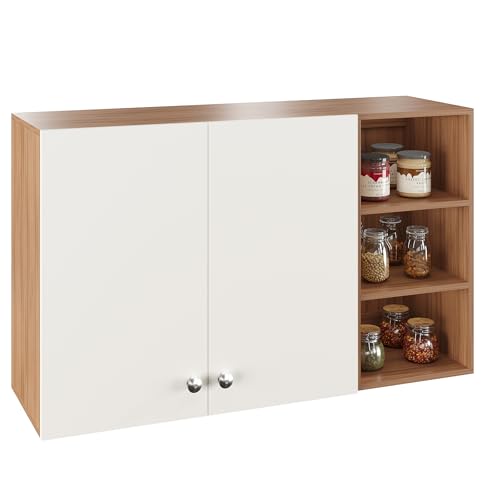 Image of FURNEASER Wall Mounted Kitchen Cabinet, Exotic Teak & White 2 | Engineered Wood, Doors & Open Shelves, Wall Storage, Modern Wall Organizer Cupboard