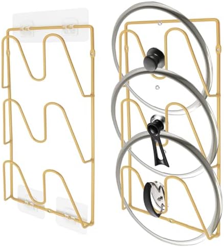 2 Pack Pot Lid Organizer Rack, 6-Tier Rustproof Pot Lids Holder for Cabinet Door/Wall, No Drilling Adhesive Mounted, Pot Top and Pan Cover Storage inside Kitchen Cabinet (Gold)