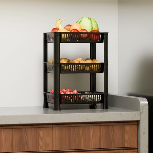 Image of Plastic Kitchen Rack, Multipurpose Vegetable & Fruit Storage Basket Organizer for Home, Pantry & Kitchen - Strong & Easy to Assemble (3 Layer, Black)