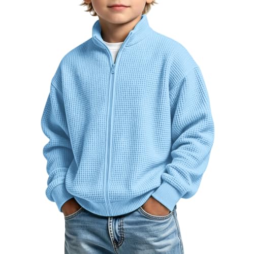 Boys Waffle Knit Full Zip Stand Collar Jacket Kids Sweatshirts Sky Blue — view 2
