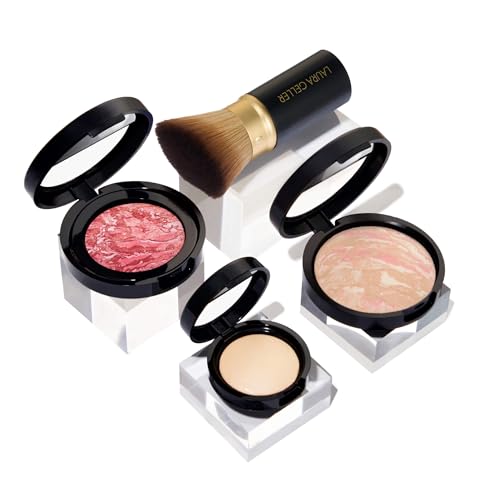 LAURA GELLER NEW YORK Daily Routine Kit (4 PC): Balance-N-Brighten Foundation Porcelain Retractable Kabuki Brush Blush-N-Brighten Tropic Hues Original Baked Highlighter French Vanilla