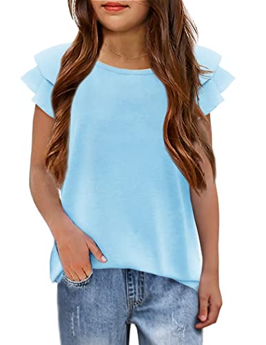 Girls Short Sleeve T Shirts Crew Neck Double Ruffle Sleeves Blouse Summer Blue Tops For Kids 5-6 Years #TOP3