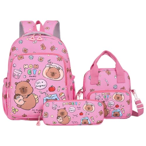 3Pcs Capybara Backpack with & Shoulder Bag Nylon Bookbag (Rose Red)