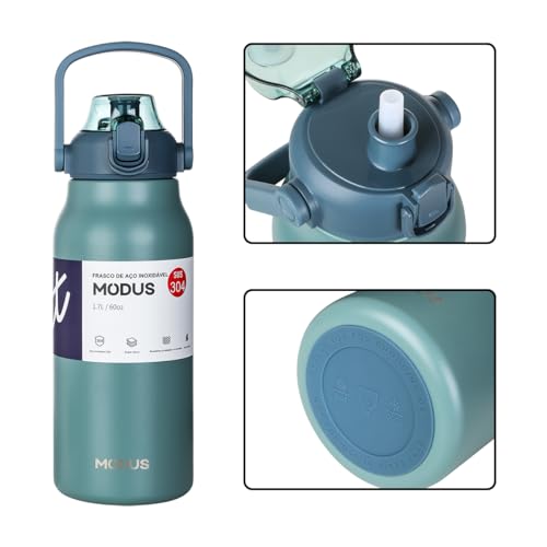 Garrafa Térmica Aço Inoxidável 1700ML Isolada a Vácuo Grande Capacidade Com Canudo (1700ML Verde)