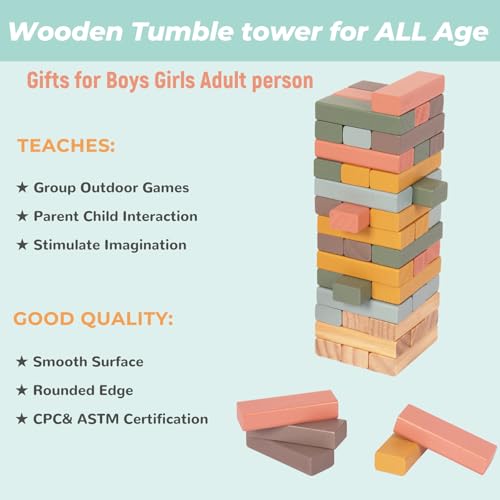 WOODENFUN 48pcs Buntes hölzernes Stapelturmspiel mit Würfel Party Spiel Wacketturm Holz Geeignet für Kinder 3+, 8x8x28cm (Farbe)