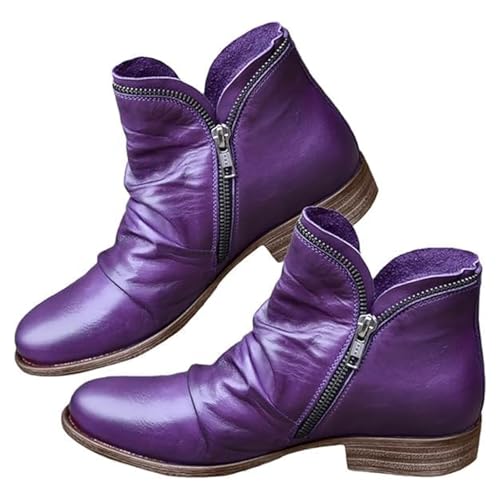 KAJXZ Women's Vintage Ankle Boots Fashion Side Zip Up Low Heel Round Toe Pointed Toe Booties Fall Winter Solid Color Chunky Heel Cowboy Boots Comfortable Slip On Flat Shoes