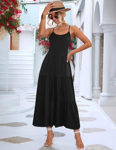 Image of Zeagoo Womens Summer Long Dress Adjustable Spaghetti Strap Floral Casual Dress with Pockets Flowy Tiered Beach Sundress