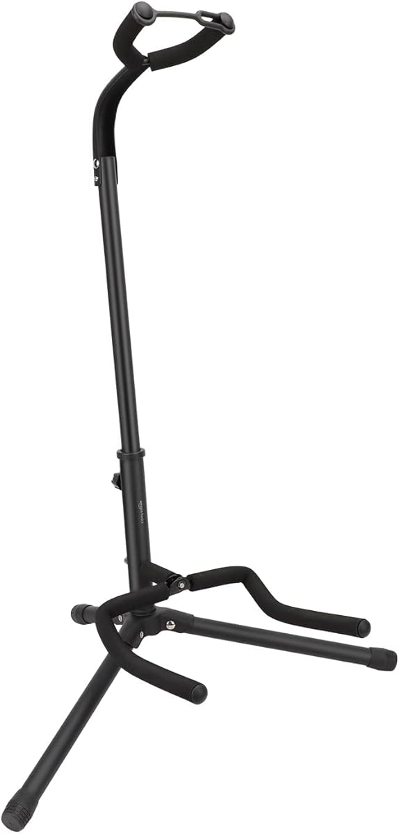 Amazon Basics Height Adjustable Foldable Guitar Stand with Secure Support for Acoustic, Electric, Bass and Banjos, Sturdy, Black