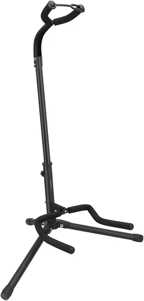 Amazon Basics - Guitar Stand with Adjustable Folding Rack and Neck Holder for Acoustic, Electric, Bass Guitars, Banjos and 66 Centimeters Ukuleles, Iron Frame with Soft Rubber Padding, Black