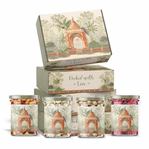 Image of Greenfinity Rakhi Special Dry Fruits Gift Hamper for Brother & Sister | | With Rakhi Thread, Roli Chawal & Greeting Card | Rajasthani Gift Box |Luxury Roasted Pistachios, Almonds, Cashews & Cranberries (200g x. 4) 800g.