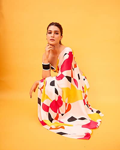 Image of Sidhidata Women's Digital Printed Georgette Saree With Unstitched Blouse Piece (Kriti Sanon White Free Size)
