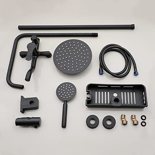 Sistema de ducha expuesto color negro mate con estante | Acero inoxidable, 3 funciones, montaje en pared, cabezal de lluvia de 8 pulgadas, para baño y exterior miniatura 4