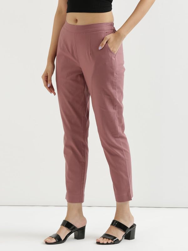 Image of SAADAA Women's Regular Fit Mid-Rise Cotton Pants | Half-Elasticated Waist | Comfortable Casual Trousers with 2 Pockets for Daily, Office & Travel Wear |