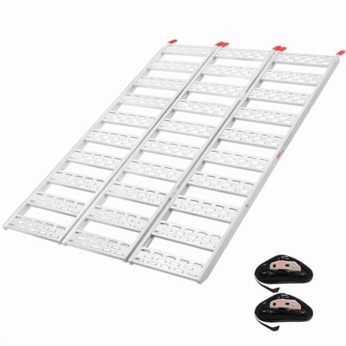 1500-LBS Capacity Aluminum Tri-Fold Loading Ramps for Pickup Trucks - with Load Straps, Ideal for ATV, Motorcycle, Lawn Mower & Dirt Bike