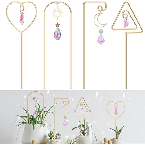 WellSign Small Trellis for Potted Plants Indoor with Colorful Crystal Sun Catcher, 14.17 Inch Metal Plant Lattice for Mini Potted Plant Decoration for Home Window Garden 4 Pack Cover