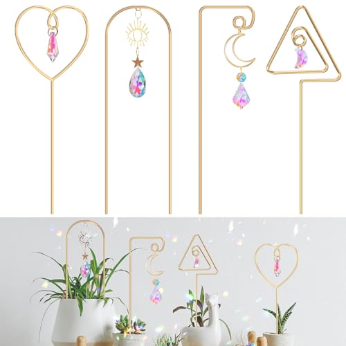 Small Trellis for Potted Plants Indoor with Colorful Crystal Sun Catcher, 14.17 Inch Metal Plant Lattice for Mini Potted Plant Decoration for Home Window Garden 4 Pack