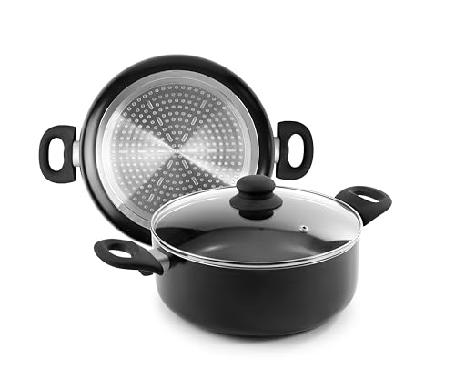 Cacerola - cacerola inductiva de 24 cm, con tapa de vidrio y borde de acero inoxidable, ideal para cocción rápida y uniforme.