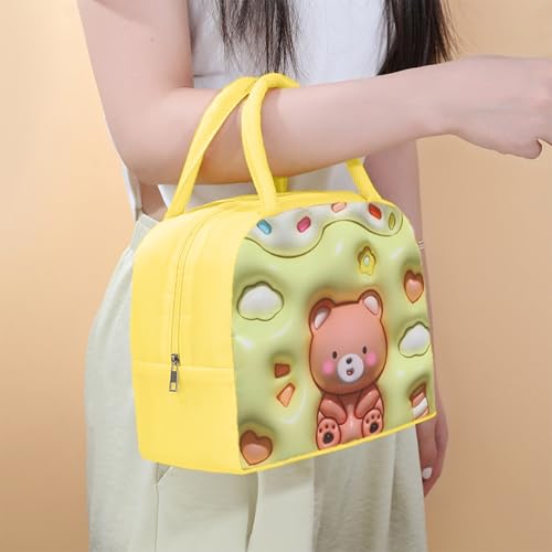 Image of Kraptick Compact & Stylish Design Printed Tiffin Bag for Children Insulated Lunch Bag for Kids Perfect Leakproof Keeps Hot and Cold Lunch Bag for School (Yellow Brown Bear)