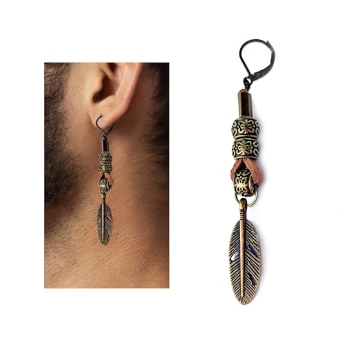 Bronze and Leather Native American Feather Men Earring - Single Hippie Long Man Jewelry Boys Country...