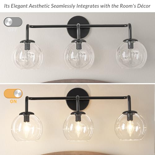 Image of Industrial Vanity Light Fixture, 3-Light Matte Black Farmhouse Globe Glass Bathroom Wall Sconce Lighting, E12 Base
