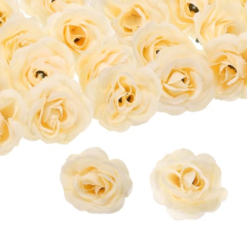 QUARKZMAN 50pz Teste di Fiori di Rosa Artificiali, 1.2 Rose Finte in Seta Mini Rose Fiori Artificiali All'Ingrosso per Bouquet da Sposa Fai da Te, Centrotavola per Feste Decorazioni, Giallo