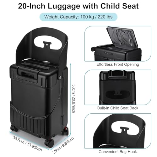 20 Inch Ride on Luggage with Seat for Kids Top Opening Aluminum Frame Suitcase with Spinner Wheels Locks for Travel(Black)3