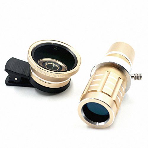 HD Clip-on Camera Lens, Multi-Function 12x Zoom Telephoto Lens + 0.45X Wide Angle Lens + 15X Super Macro Lens for iPhones, Samsung, Other Smartphones (Gold)