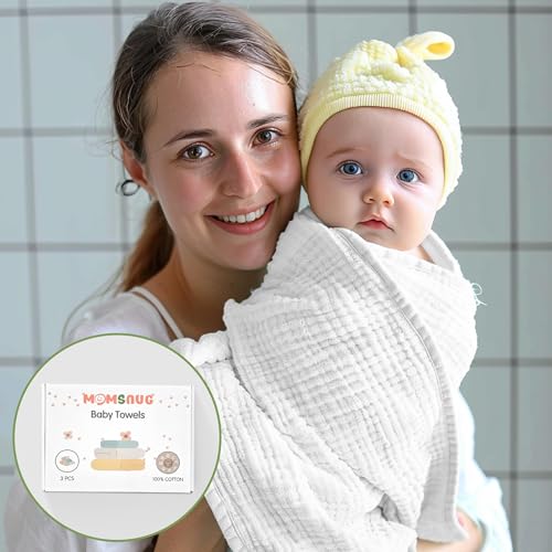 Image of Momsnug 3-Pack Muslin Hooded Baby Towels, White+ Pink+ Yellow, 35 inch X 35 inch | 100% Cotton, Ultra-Soft & Highly Absorbent ,Quick-Dry for Delicate Skin, For Babies, Toddler and Newborn