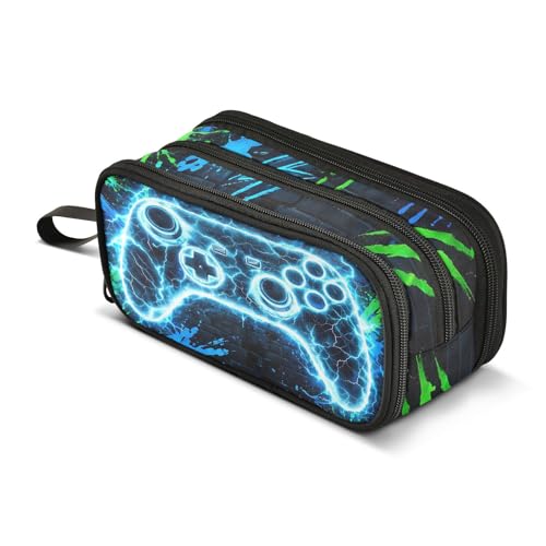 Image of Neon Gaming Controller Lightning Large Capacity Pencil Case Box Boys Girls Big Stationery Pen Bag Organizer Pencil Pouch Zipper Compartments for School Office