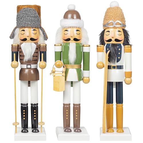 KI Store 3 Stuck 38cm Holz Weihnachten Nussknacker Figur Schlitten ski Schlittschuh Deko, Deko Nussknacker Figur für Zuhause Weihnachtsschmuck
