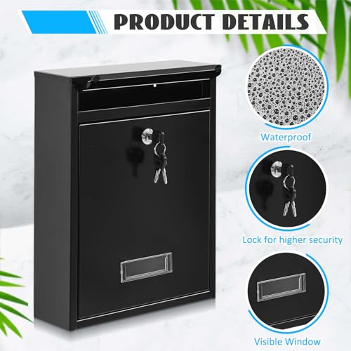 Image of Yaocom Wall Mount Mailboxes for Outside 13.8 x 9.5 x 3.3 Inches Large Vertical Mailbox with Key Locking Outdoor Metal Steel Mail Drop Security Hanging Secure Postbox for Home Office School, Black