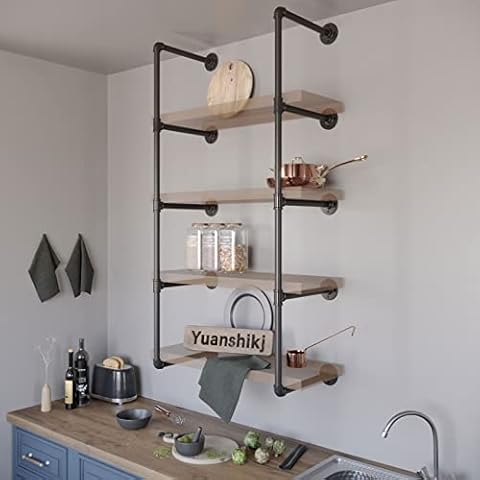 Yuanshikj 2Pc Industrial Wall Mount Iron Pipe Shelf Shelves Shelving Bracket Vintage Retro Black DIY Bookshelf Storage Office Room Kitchen Cover