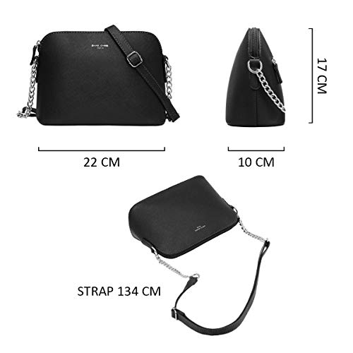 David Jones - Pequeño Bolso Bandolera Cadena Mujer - Bolsos de Hombro Cruzado Cuero PU - Mensajero Crossbody Bag - Bolso Mano Zip Embrague Clutch Pochette Noche Trabajo Moda Diario Vida - Negro