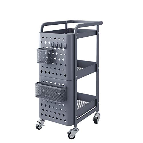 Homfa Carrito de Cocina Carro de Almacenamiento Carro de Herramientas Carrito Auxiliar Multiusos con Ruedas Bloqueables Organizar Contenedor Tablero de Clavijas 3 Niveles Gris 76x30x45cm