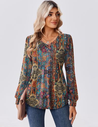 Zeagoo Long Sleeve Shirts for Women Casual V Neck Top Pleated Floral Boho Blouses 2025 Fall Tunics2
