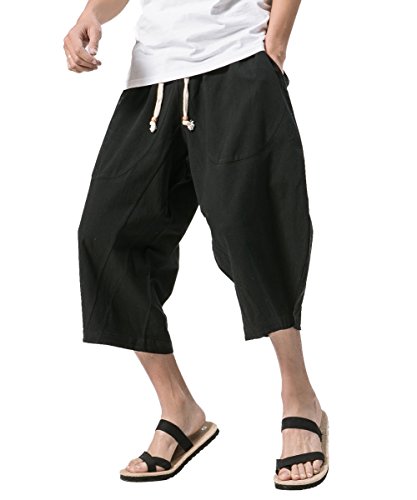 Allthemen Homme 3/4 Shorts en Coton Bermuda Pantacourt Eté Pantalon de Sport Décontracté Baggy Elastique Sarouel Pantalon de Loisir Respirant Confortable avec Cordon...