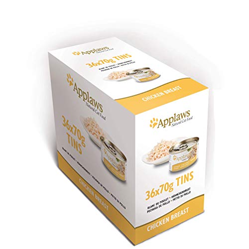 Applaws 100% Natural Wet Cat Food, Pechuga de Pollo en Caldo, Paquete a Granel 36 x 70g latas
