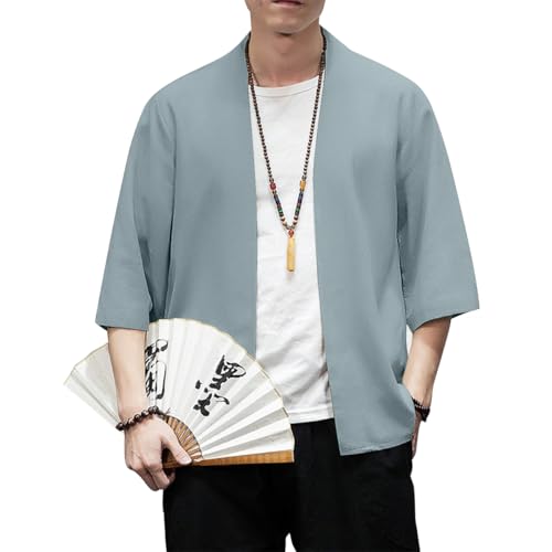 Image of PRIJOUHE Men's Kimono Jackets Cardigan Lightweight Casual Cotton Blends Linen Seven Sleeves Open Front Coat Outwear