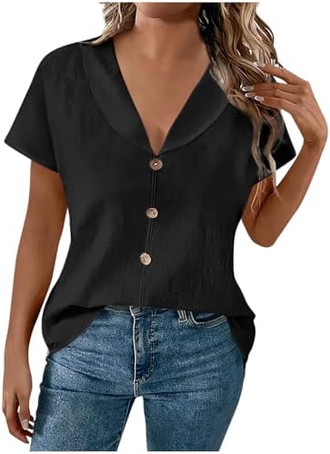 Linen Shirts for Women Cute Dressy Casual V Neck Spring Tops 2026 Summer Short Sleeve Shirt Beach Vacation Travel