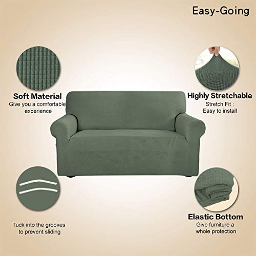 Image of Easy-Going Stretch Loveseat Slipcover 1-Piece Sofa Cover Furniture Protector Couch Soft with Elastic Bottom for Kids Polyester Spandex Jacquard Fabric Small Checks (Loveseat, Greyish Green)