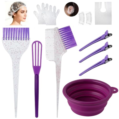 MOONMINI Hair Dye Color Brush and Bowl Set, Color Bowl Brushes Tool Mixing Bowl Kit Tint Comb for Hair Tint Dying Coloring Applicator (Purple&Clear)
