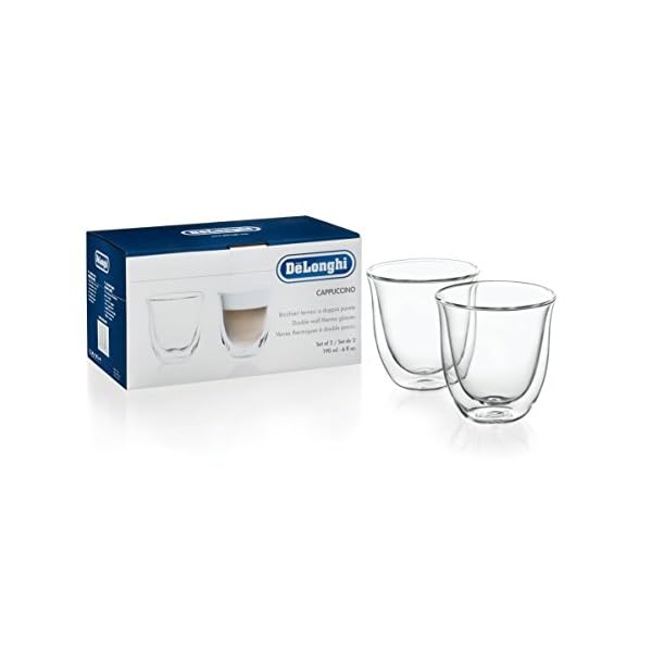 De'Longhi Juego de 2 vasos premium para cappuccino, apto para lavavajillas, pared doble vidrio templado, transparente…