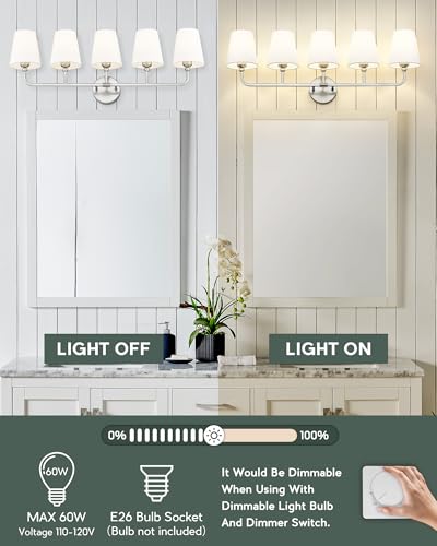 Image of Bathroom Light Fixtures, 5 Light Brushed Nickel Vanity Lights with Flared White Fabric Shade, 35 Inch Wall Sconce, Modern Sconces Wall Lighting for Hallway Bedroom, VL837-BN-5
