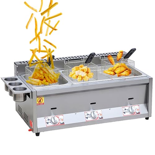 JKJZSALJ Freidora A Gas Profesional De Acero Inoxidable con Doble Cesta Y Tapa, Control De Temperatura Ajustable, Ideal para Papas Fritas Y Pollo, Uso Comercial, Triple Cilindro.