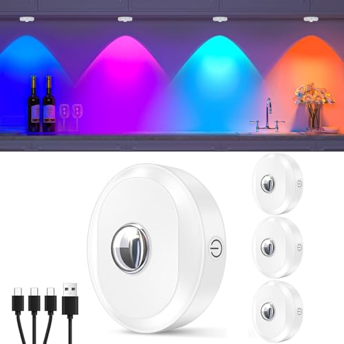 Tedmos 4 Stück, Weiß, USB Aufladbare RGB LED Spot mit akku und Magnet, 12 Farbig Kabellose Vitrinenleuchte mit Fernbedienung und timer, Schranklicht Unterbauleuchten Rund Regal LED Licht
