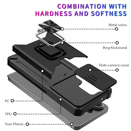 Image of LuxuryKase Shockproof Armor Case for Samsung Galaxy S26 Ultra | Slide Camera Cover | Hidden Card Slot | Rotating Ring Kickstand | Magnetic Car Mount Support | Military Grade Protection - Black