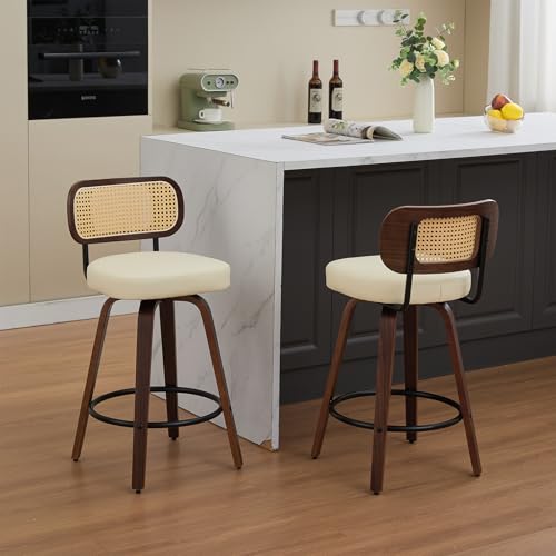 Image of Swivel Counter Height Bar Stools Set of 2, 26 inch Bar Chairs with Curved Rattan Back, Upholstered PU Leather, Walnut Craftsmanship, Mid Century Modern Counter Stools for Kitchen Counter, Beige